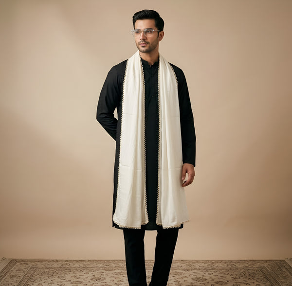 Nazneen Chiffon Mens Dupatta – Solid White with Elegant Lace Border