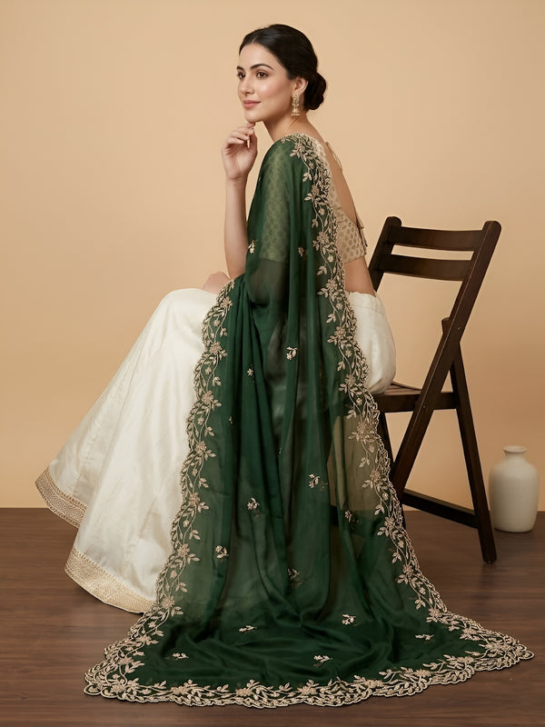 Luxe Rangoli Women Green Dupatta with 4 Side Scalloped Embroidered Border & Buti Embellishment