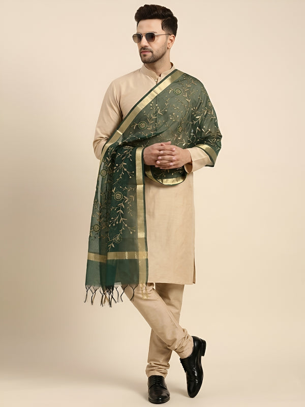 Organza Meena Jaal Mens Dupatta – Green with Gold Woven Design