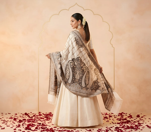 Naqsh-e-Kashmir Inspired Paisley Jacquard White Shawl with Kani-Inspired Floral Border