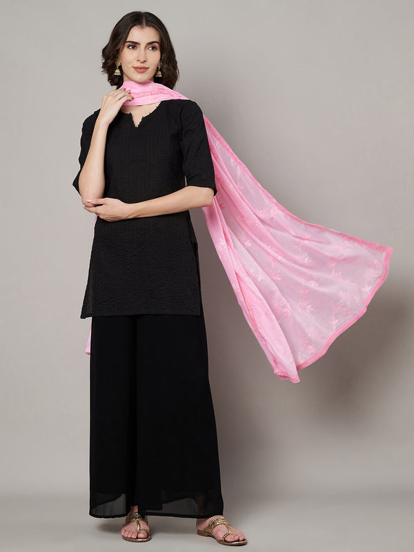 Soft Pink Ombre Dupatta with Cotton Thread Floral Embroidery & Lace Border (Size: 2.5x1 m Approx)