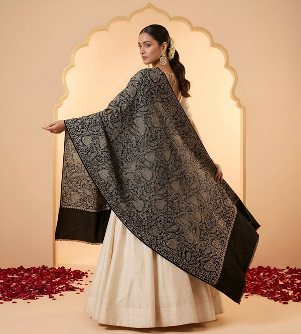 Naqsh-e-Kashmir Sozni Jaal Embroidered Black Shawl | Traditional Kashmiri Wool Blend