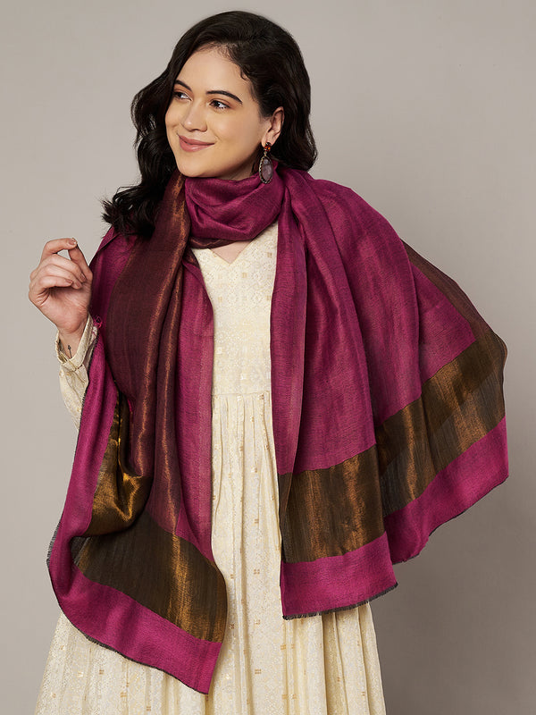 Reversible Wool Pink Women Stole with Moonlight Zari Border | Elegant Winter Wrap | 80 × 28 Inches