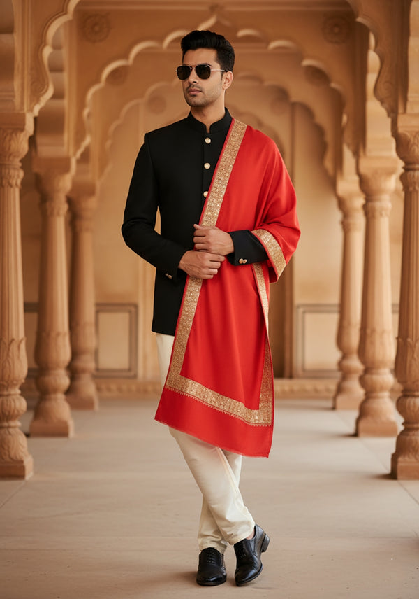Solid Red Woolen Mens Shawl with Rich Embroidered Border – 80 x 40 Inches