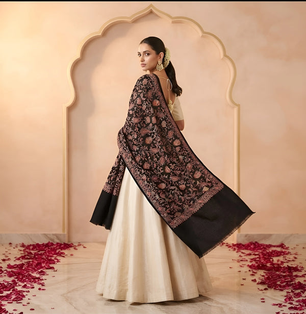 Naqsh-e-Kashmir Inspired Jamawar Floral Paisley Vine Wool Blend Black Shawl