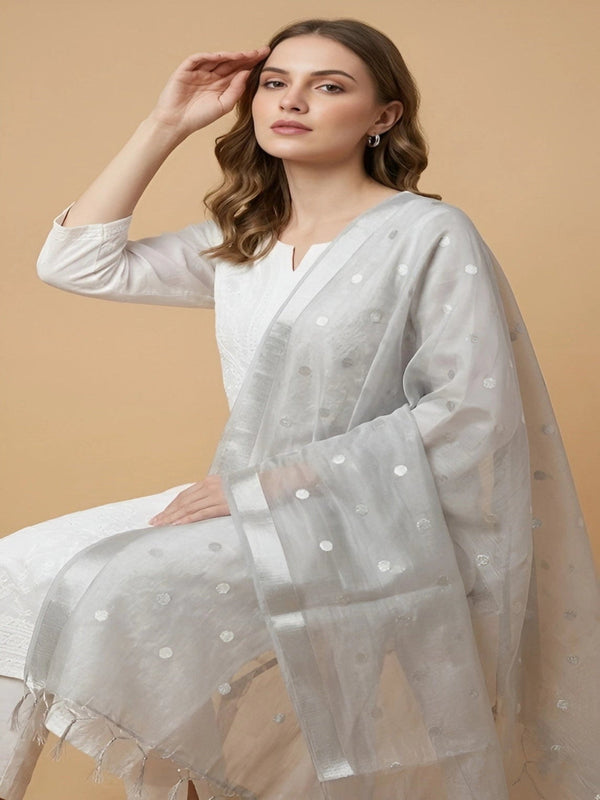 Sheer Silver Tissue Buta Dupatta with Subtle Shine