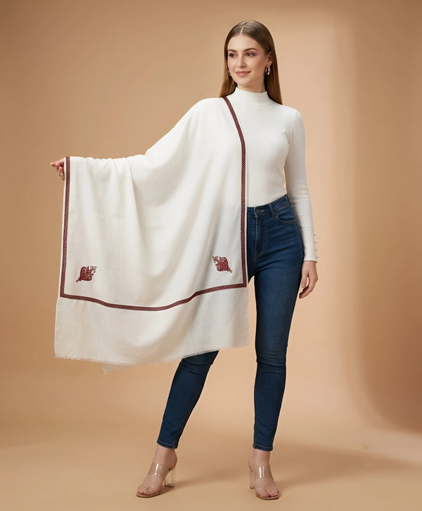 Regal Woven Border Accent Corner Wool Blend White Stole | Kashmiri Inspired