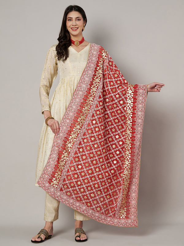 Red Georgette Dupatta with Gold Foil Booti & Lace Border (Size: 2.5x1 m Approx)