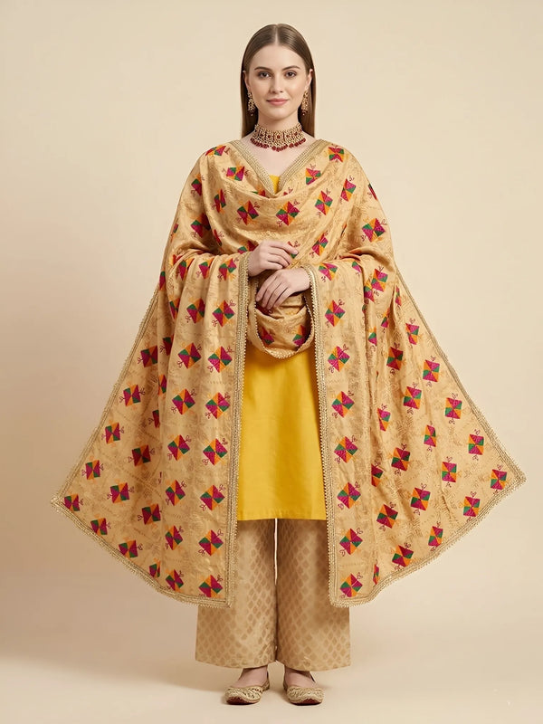 Luxe Chinon Women Phulkari Beige Dupatta with Lace Border & Traditional Motif Work