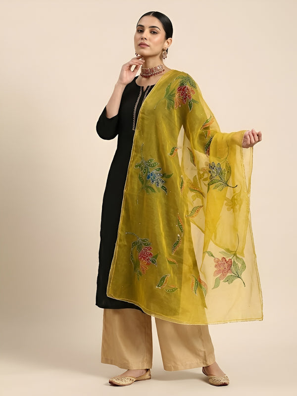 Luxe Organza Women Yellow Dupatta with Handbrush Floral Art & Beads