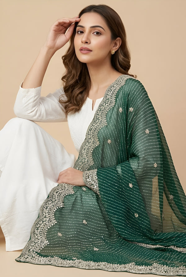 Georgette Leheriya Women Green Dupatta with Embroidered Scallop Border & Butti Work