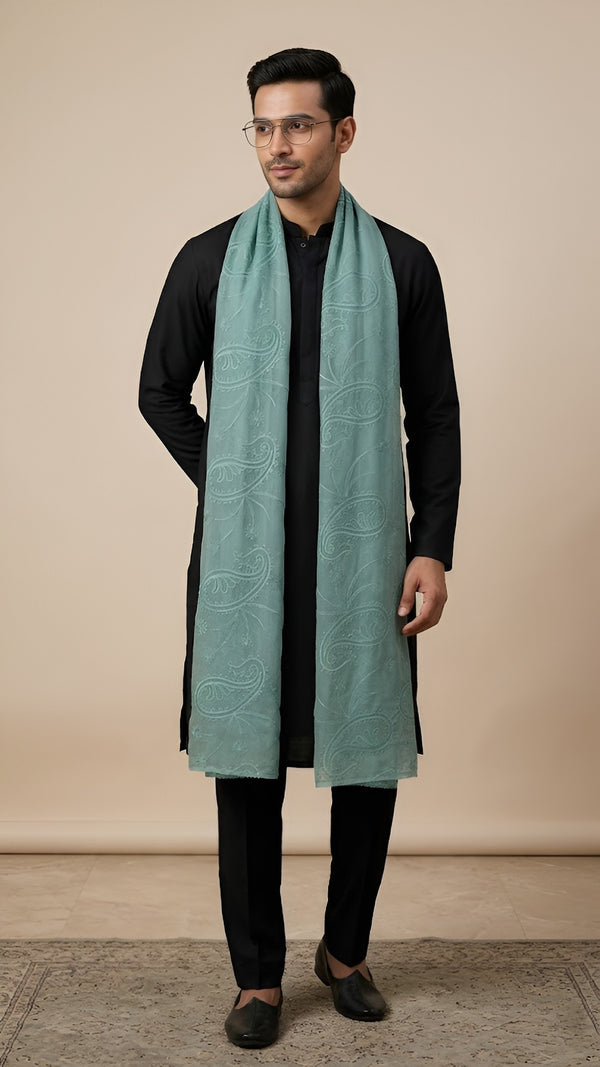 Organza Mens Dupatta – Teal with Paisley Embroidery & Floral Design