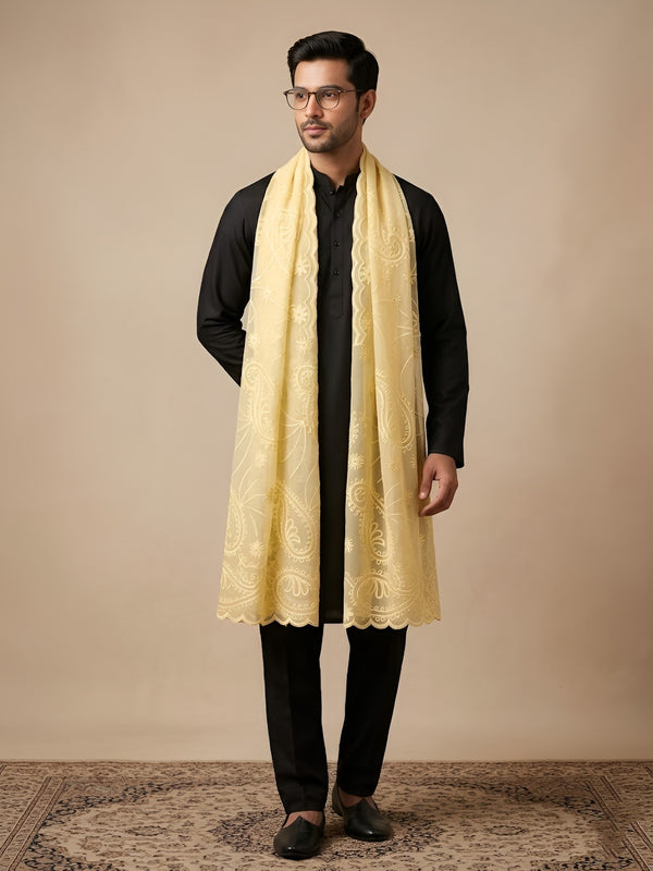 Organza Mens Dupatta – Lemon with Paisley Embroidery & Floral Design