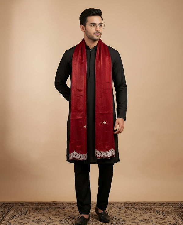 Red Twill Net Mens Dupatta – Scalloped Cutwork Border with Buti Work