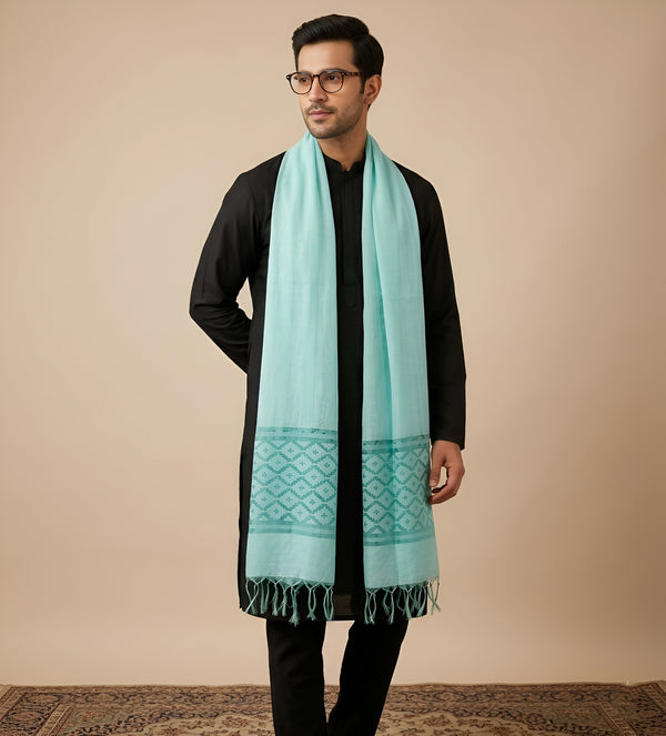 Cotton Mens Dupatta – Blue with Diamond Cut Work & Woven Border