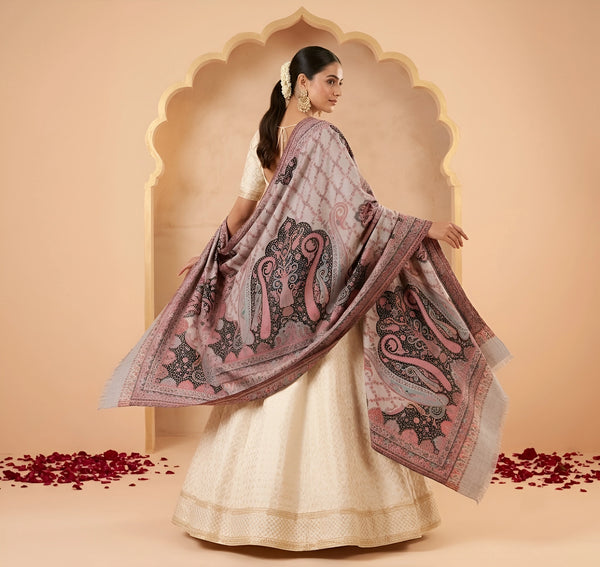 Naqsh-e-Kashmir Inspired Paisley Jacquard Grey Shawl with Kani-Inspired Floral Border