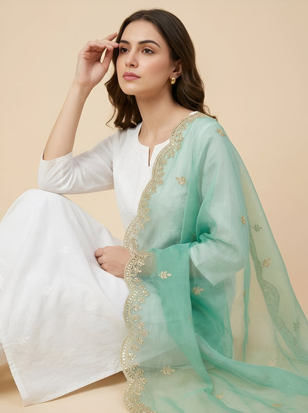 Green Organza Women Dupatta – Scalloped Cutwork Border with Buti Work
