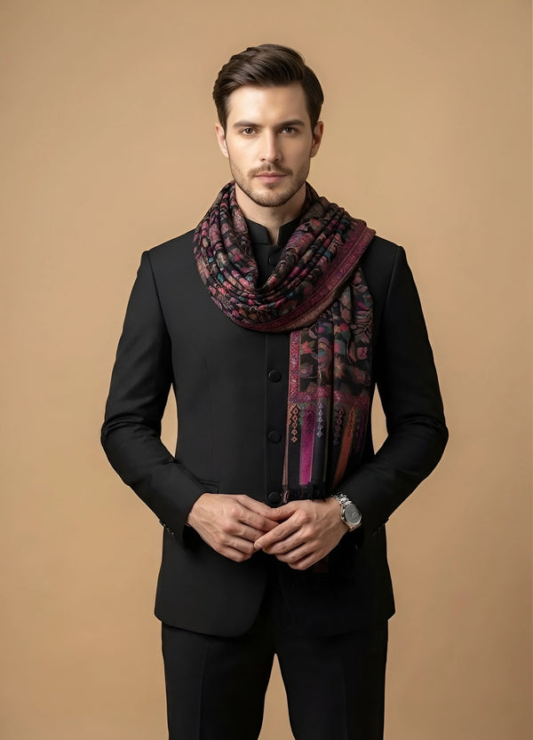 Noble Kani Weave Floral Wool Blend Black Stole
