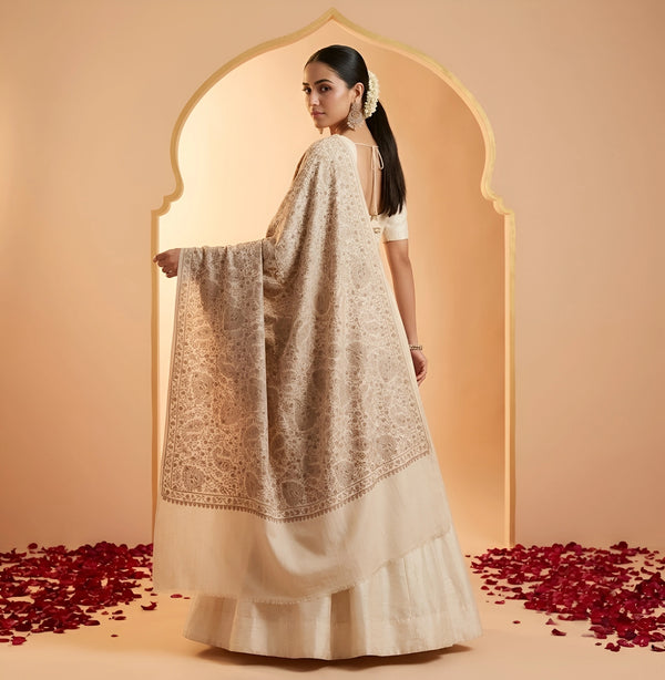 Naqsh-e-Kashmir Sozni Jaal Embroidered Beige Shawl | Traditional Kashmiri Wool Blend