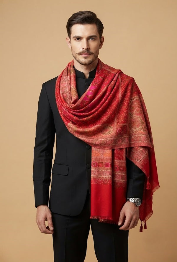 Noble Mens Patchwork Kani Jacquard Woven Red Stole