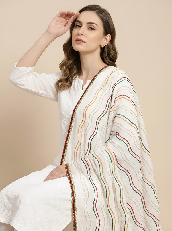 White Nazneen Chiffon Dupatta with Multicolor Stripes & Pom Pom Border
