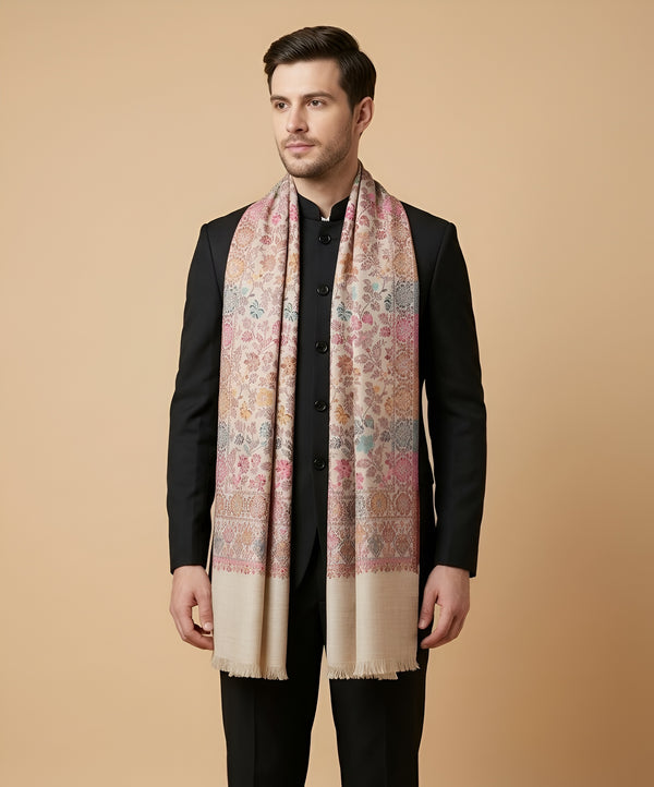 Noble Mens Wool Blend Floral Kani Weave Beige Stole