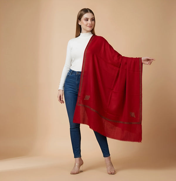 Regal Woven Border Accent Corner Wool Blend Red Stole| Kashmiri Inspired