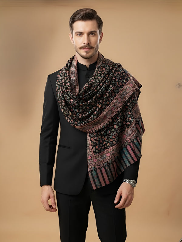 Reserve Mens Bamboo Silk Floral Kalamkari Printed Black Stole
