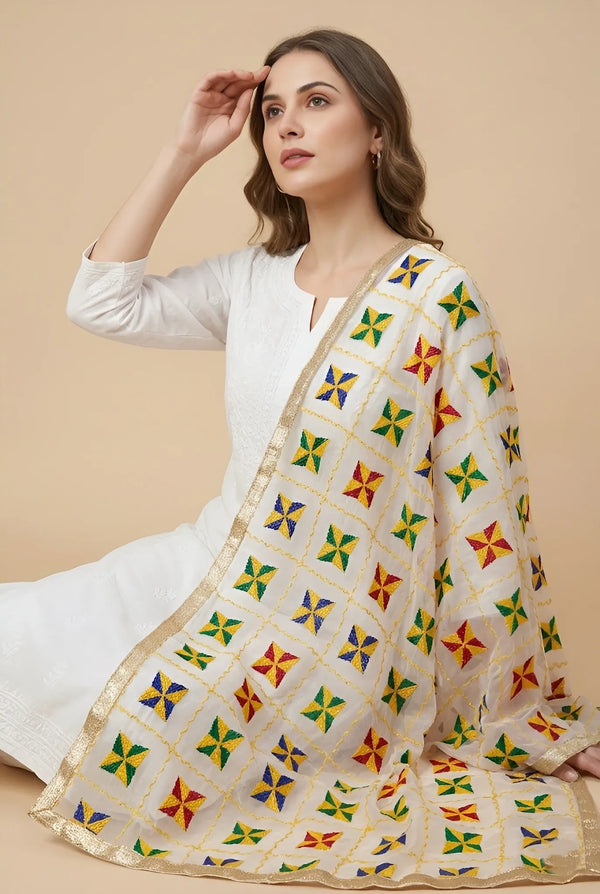 Chinon Phulkari Women White Dupatta with Traditional Motif Work & Tape Border