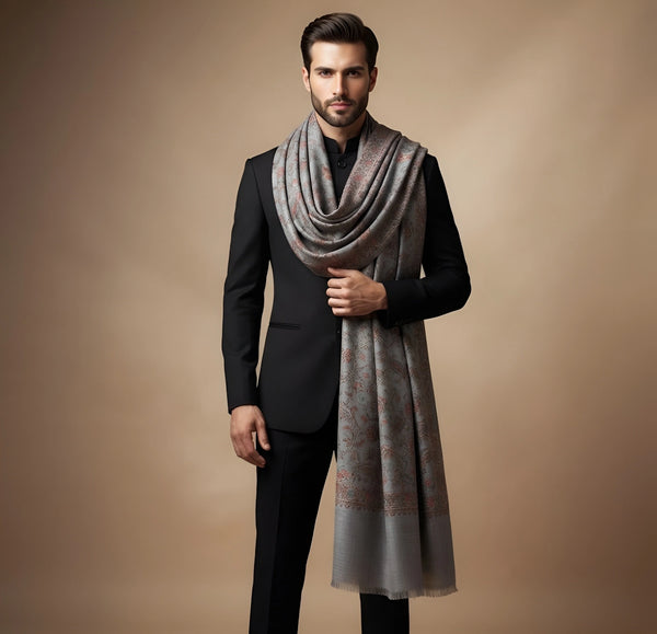 Mir-e-Khas Men's Kashmir-Inspired Jamawar Floral Paisley Vine Grey Shawl