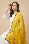 Yellow Nazneen Chiffon Dupatta with Multicolor Stripes & Pom Pom Border