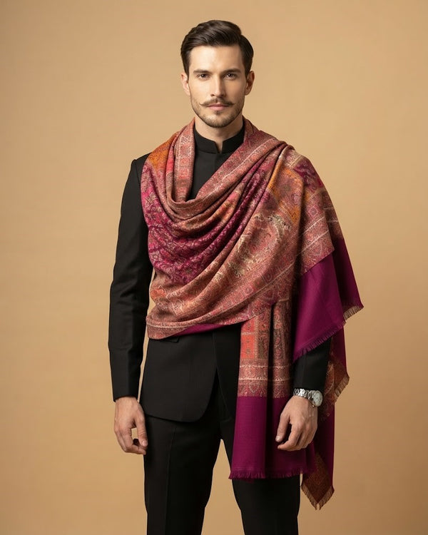 Noble Mens Patchwork Kani Jacquard Woven Maroon Stole