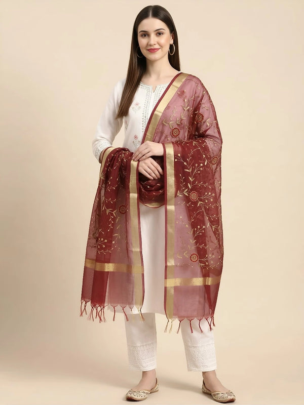 Maroon Organza Meena Jaal Dupatta | Elegant Sheer Festive Drape