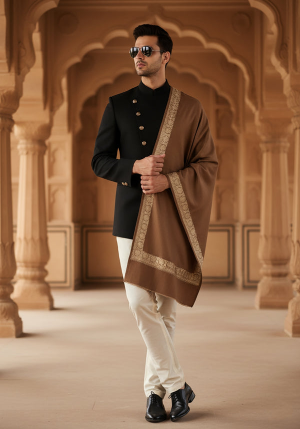 Brown Woolen Mens Shawl with Gold Border – 80x40 Inches