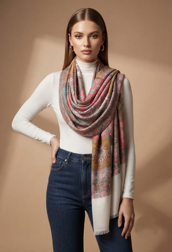 Regal Multicolor Patchwork Kani Jacquard Woven Wool Blend White Stole