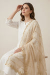Net Cream Dupatta with Twill Zari Sequin Wave Work