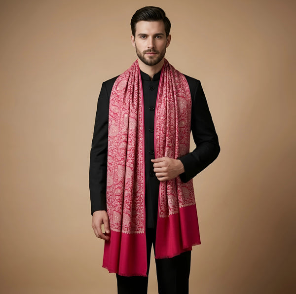 Mir-e-Khas Kashmiri Sozni Jaal Pink Shawl for Men – Wool Blend
