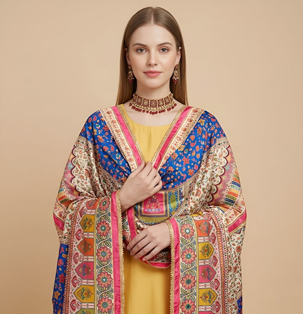 Chinon Floral Mirror Work Women Multicolor Dupatta with Designer Printed Panels & Lace Border