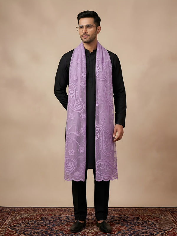 Organza Mens Dupatta – Lavender with Paisley Embroidery & Floral Design