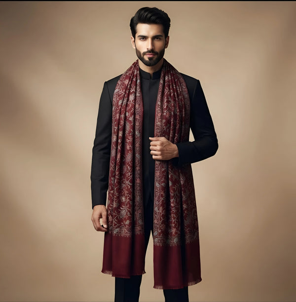 Mir-e-Khas Men's Kashmir-Inspired Jamawar Floral Paisley Vine Maroon Shawl