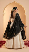 Luxe Vichitra Women Black Dupatta with 4 Side Scalloped Embroidered Border & Buti Embellishment