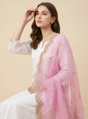Pink Organza Women Dupatta – Scalloped Cutwork Border with Buti Work