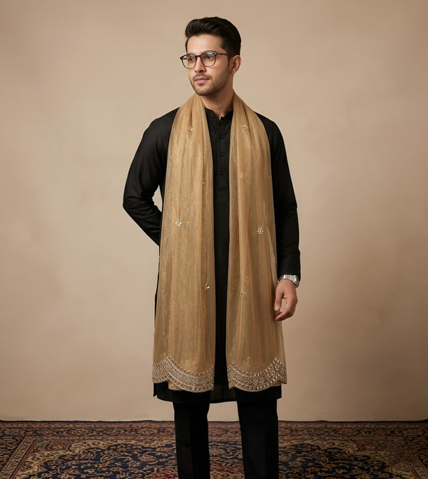 Gold Twill Net Mens Dupatta – Scalloped Cutwork Border with Buti Work