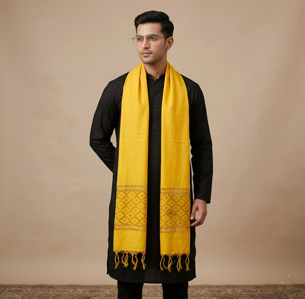 Cotton Mens Dupatta – Mustard with Diamond Cut Work & Woven Border