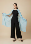 Micro Wool Blue Feather Motif Women Stole | Soft Wrap with Subtle Woven Accents (80 × 28 Inches)