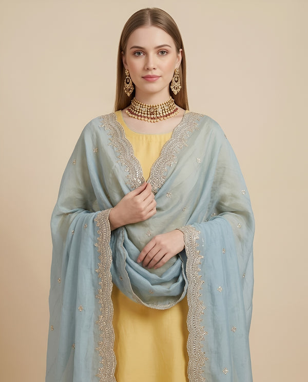 Luxe Fendi Women Blue Dupatta with 2 Side Scalloped Border, Mirror Detailing & Buti Embellishment
