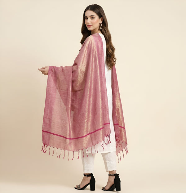Pink Khadi Cotton Dupatta with Subtle Sheen & Border Detailing | Soft Textured Ethnic Dupatta