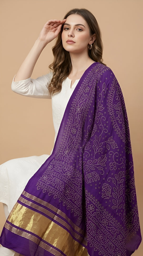 Bamboo Silk Bandhani Inspired Gajji Women Purple Dupatta with Elephant & Floral Motifs and Golden Tape Border