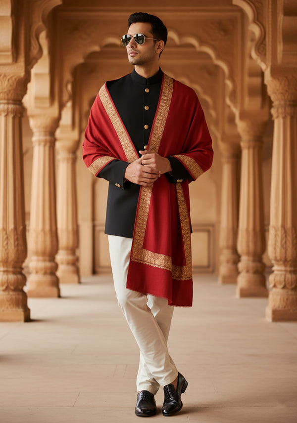Solid Maroon Woolen Mens Shawl with Rich Embroidered Border – 80 x 40 Inches