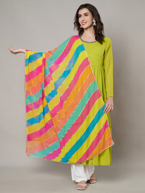 Multicolor Striped Chiffon Dupatta with Gota Lace Detailing (Size: 2.5x1 m Approx)